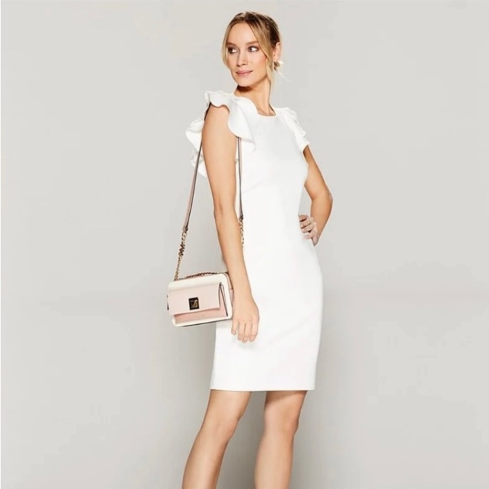 Tommy Hilfiger Scuba Crew Neck Flutter Ruffle Cap Sleeve Sheat Dress